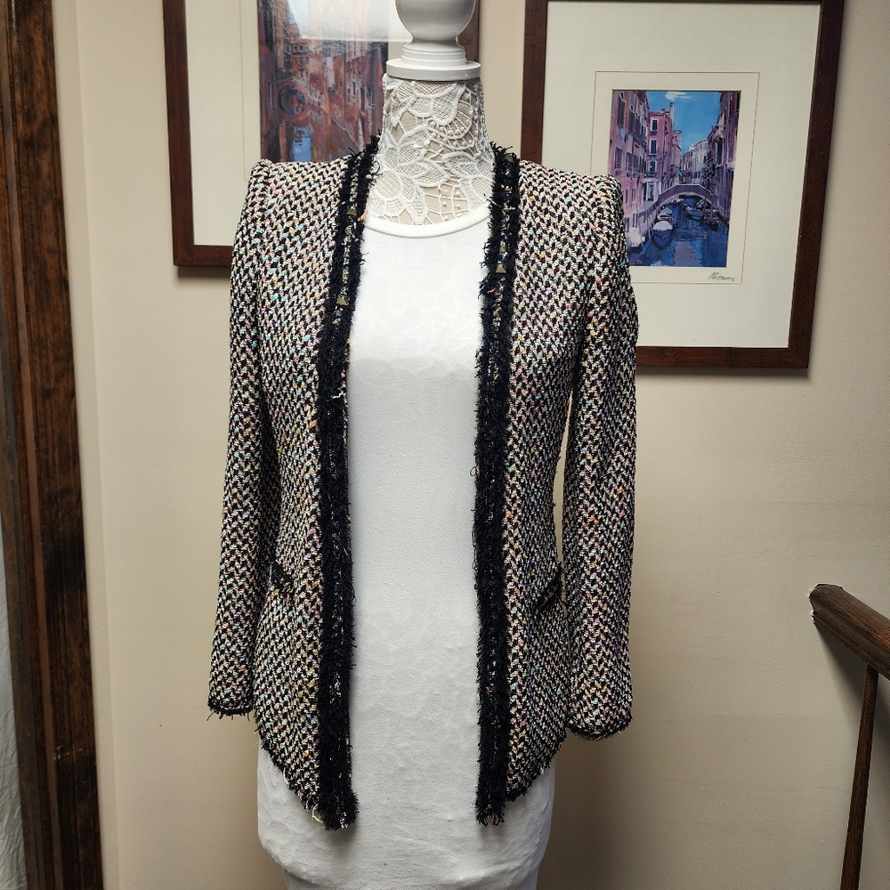 Zara Textured Pink Black Tweed Frayed Blazer Jacket Boucle Metal Studs US XS